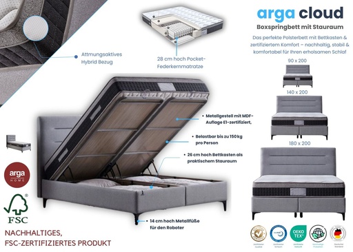 [27ACLD160200GTKM] A-CLOUD Boxspringbett mit Stauraum , GRAU , 160x200